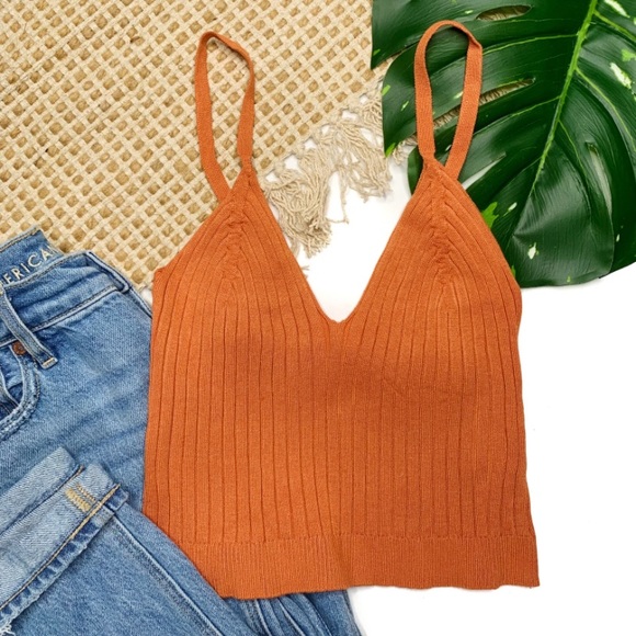 Ribbed Knit Ultra Stretch Cropped Cami Tank - Orange - Picture 7 of 11